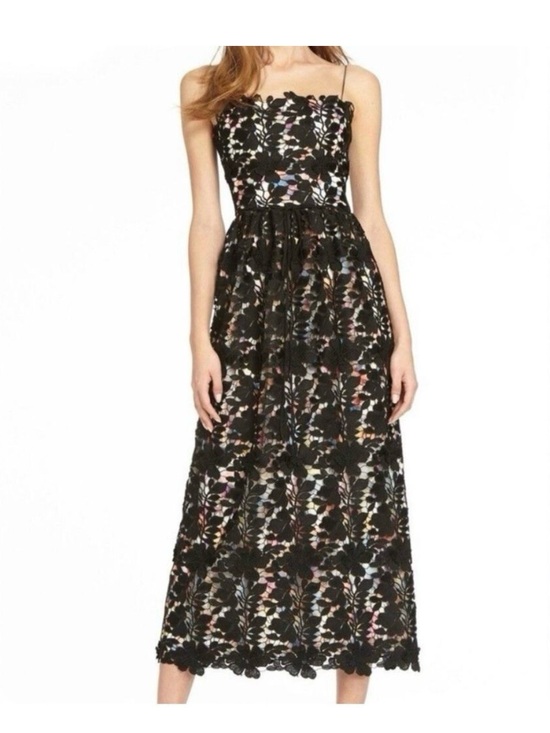 Monique Lhuillier Dresses & Skirts - Black Floral Lace Midi Dress with Subtle Multicolor Underlay